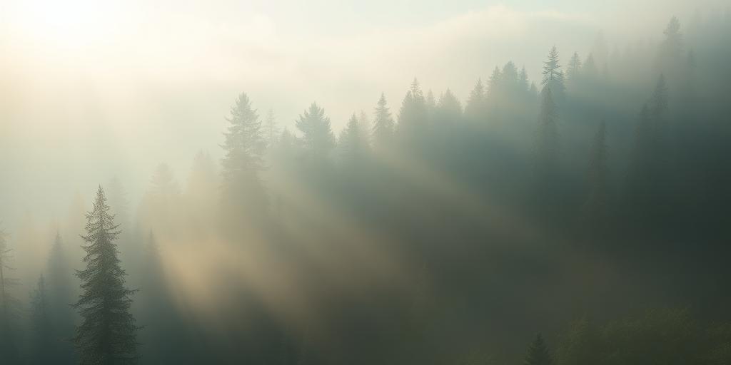 Paysage forestier brumeux avec de doux rayons de lumière